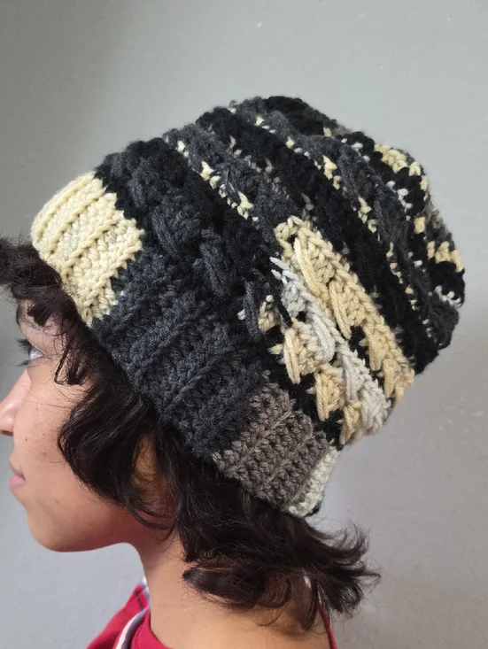 Handmade Multicolor Knit Beanie - Black, Cream & Gray - Picture 1 of 5